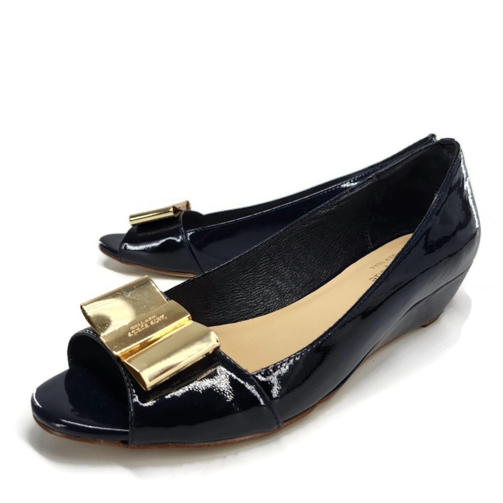 Kate Spade Theresa Navy Blue Patent Leather Gold Bow Peep-Toe Demi Wedge Pumps